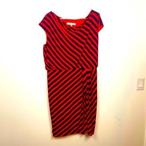 EVAN PICONE Navy Blue Red Stripe Business Casual Short Sleeve Pleated Midi Dress